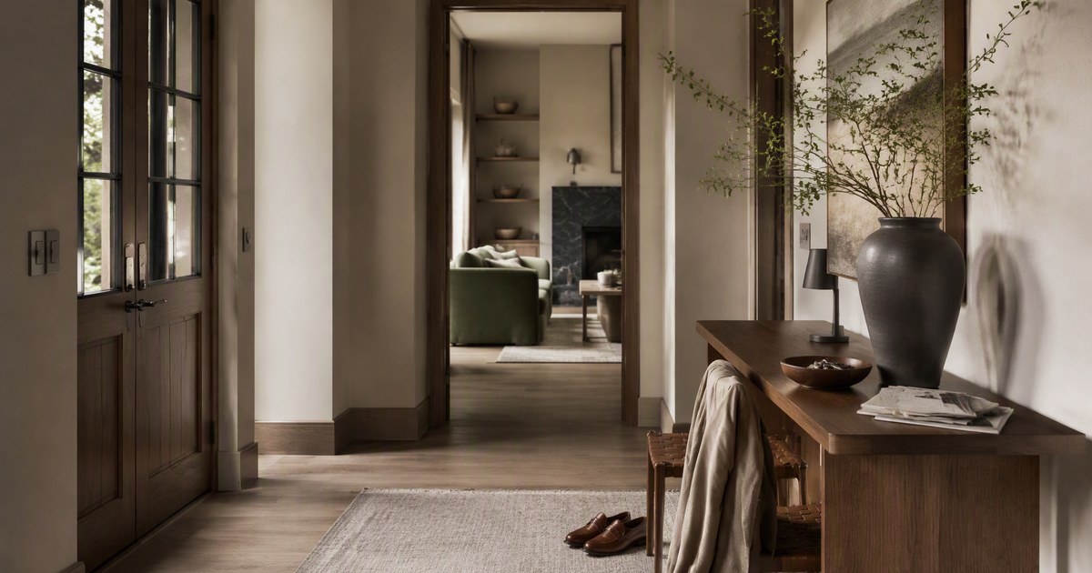 A tidy but lived-in entryway: a walnut console with a key bowl, a linen jacket over a chair, shoes slightly askew