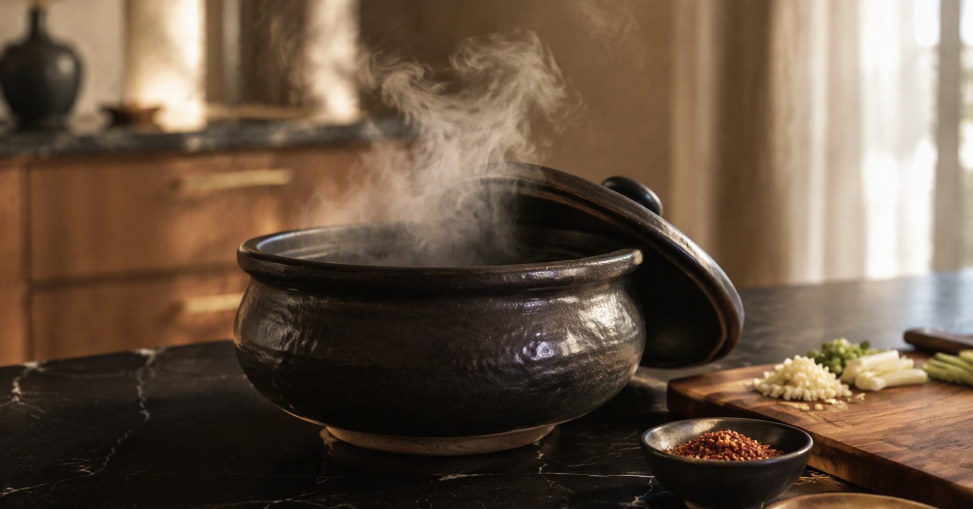 A black clay sandpot just off the heat on a black marble worktop, lid ajar, beside chopped aromatics and bowls of chili flakes